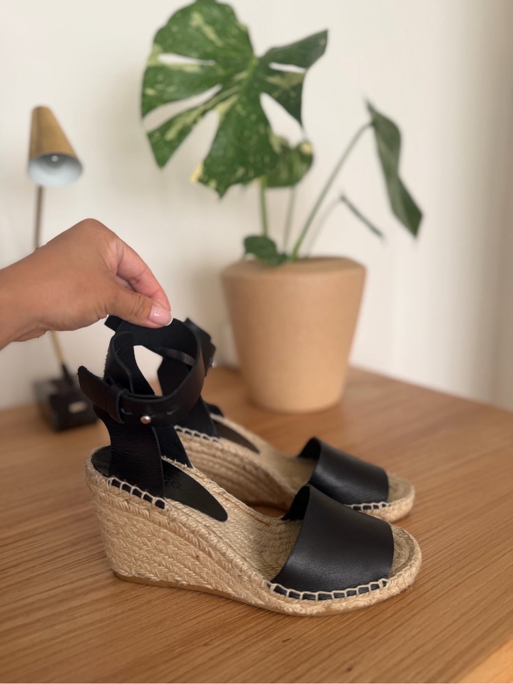 Vince Black Wedge Espadrille Sandals with Ankle Strap